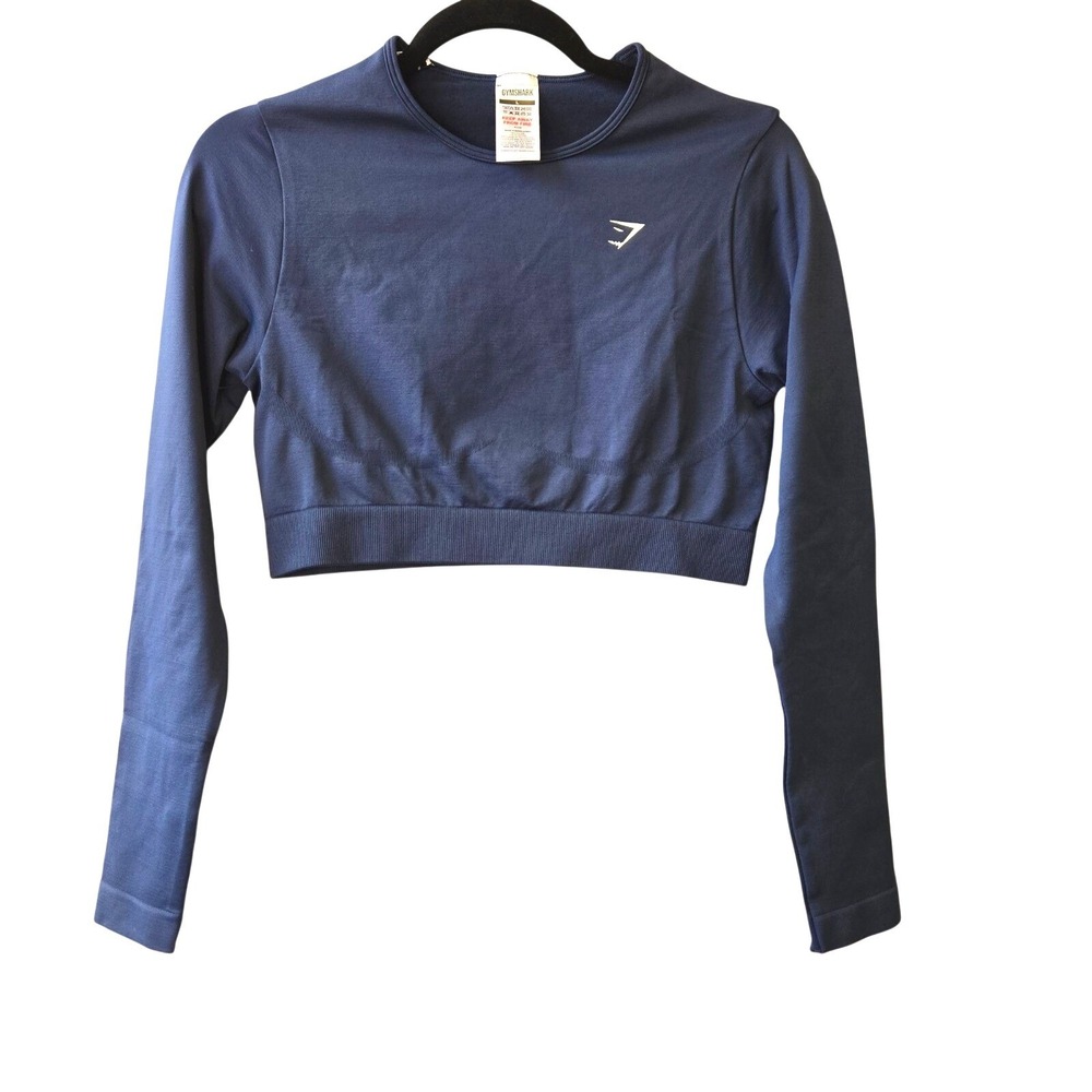 Gymshark Everyday Seamless Long‎ Sleeve Crop Top Womens Large Navy B7A2S